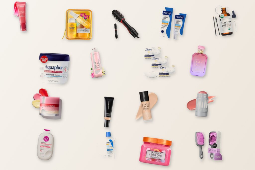 Flat-lay collage of my favorite beauty and self-care picks from Amazon, including Aquaphor Healing Ointment