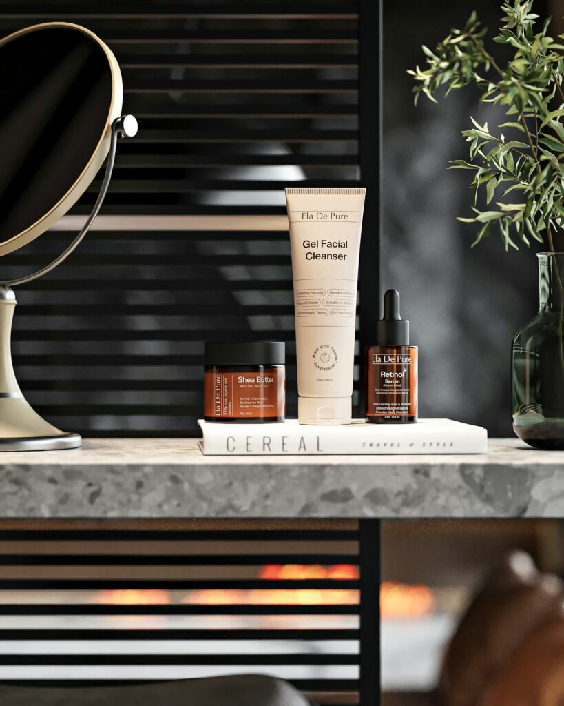 Minimalist skincare products arranged on a marble bathroom counter